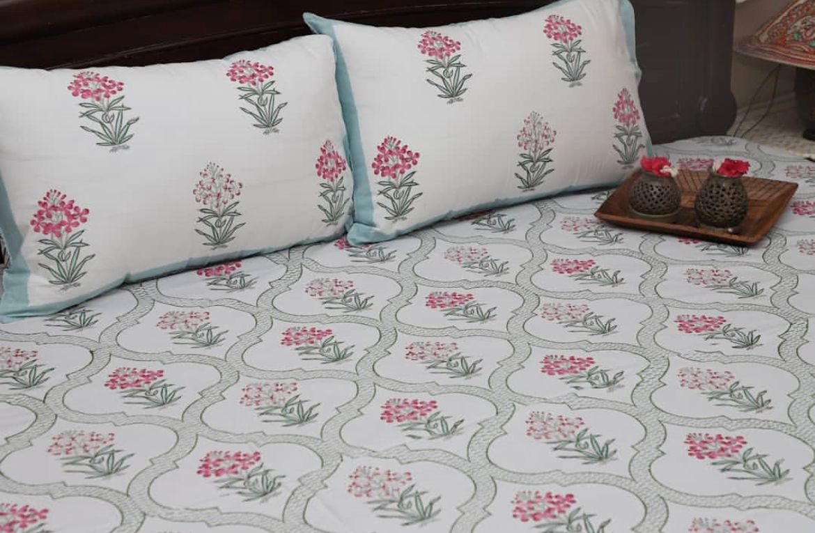 Handmade and affordable pure Cotton Bed Sheet in Light Blue and Light Pink for women, buy now in Singapore