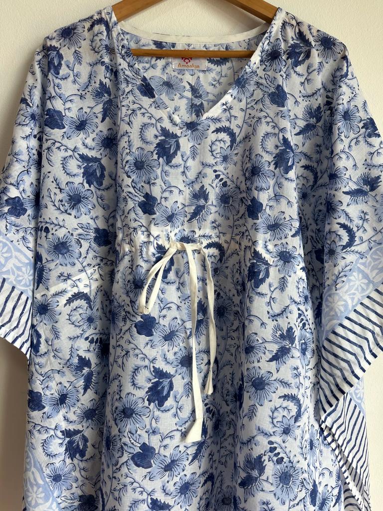 Handmade and beautiful Pure Cotton Beach Kaftan in Blue and Light Blue for women, buy now in Singapore