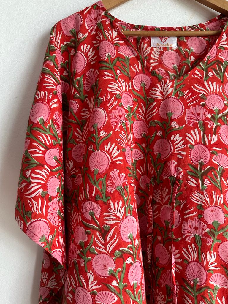Handmade and beautiful Pure Cotton Long Kaftan in Red and Light Pink for women, buy now in Singapore