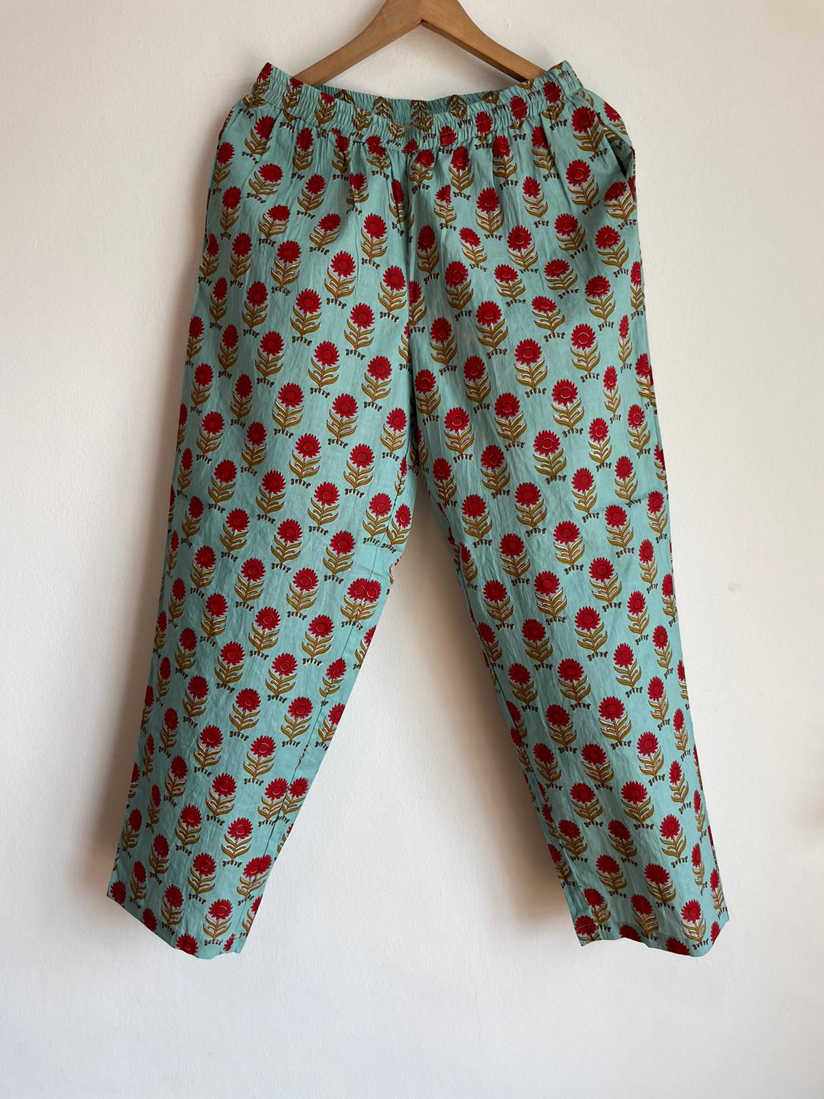 Handmade and super soft Pure Cotton Adult night Suits in Light Blue and Red for women, buy now in Singapore