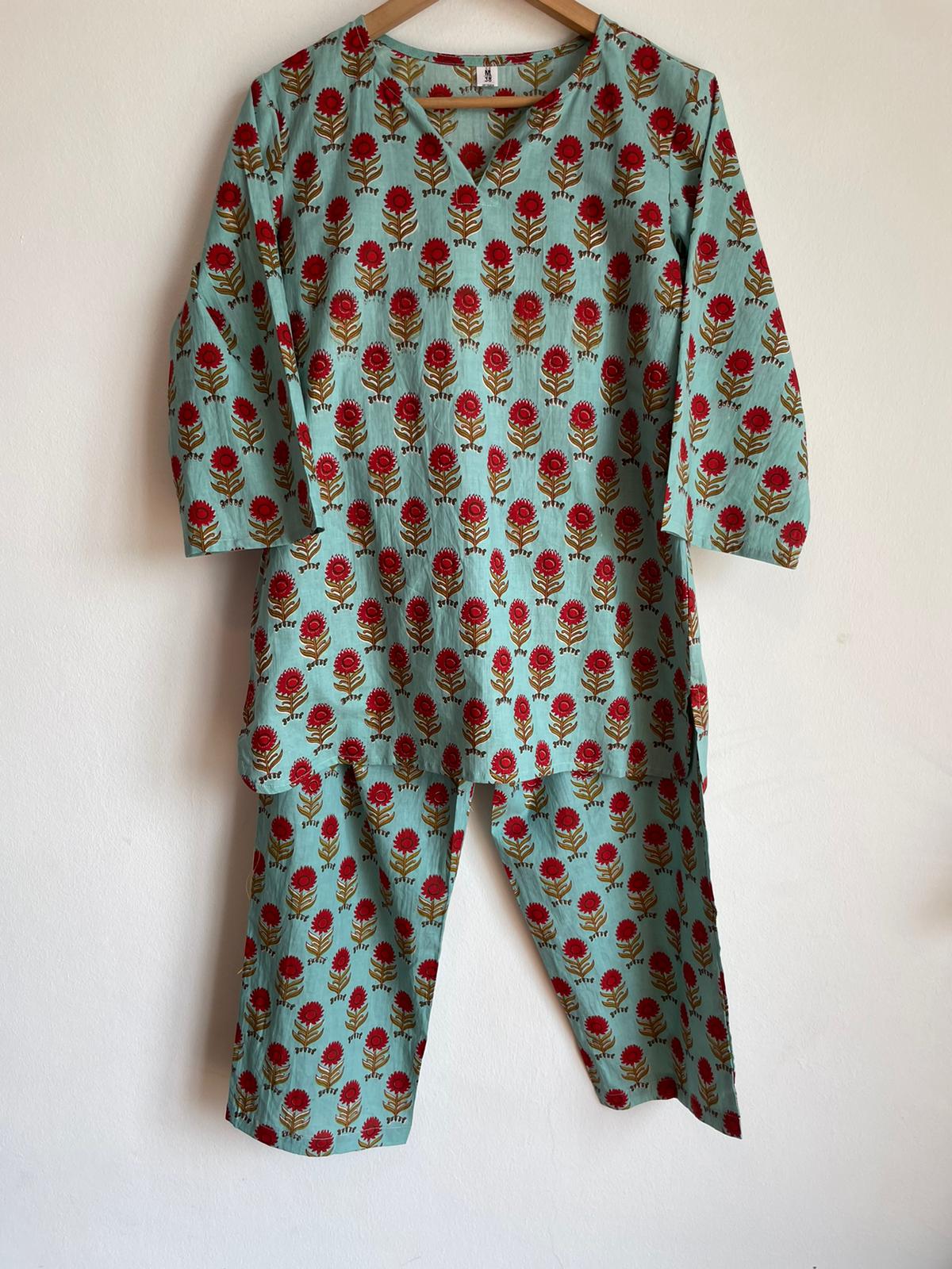 High- quality and affordable pure Cotton Adult night Suits in Light Blue and Red for women, buy now in Singapore