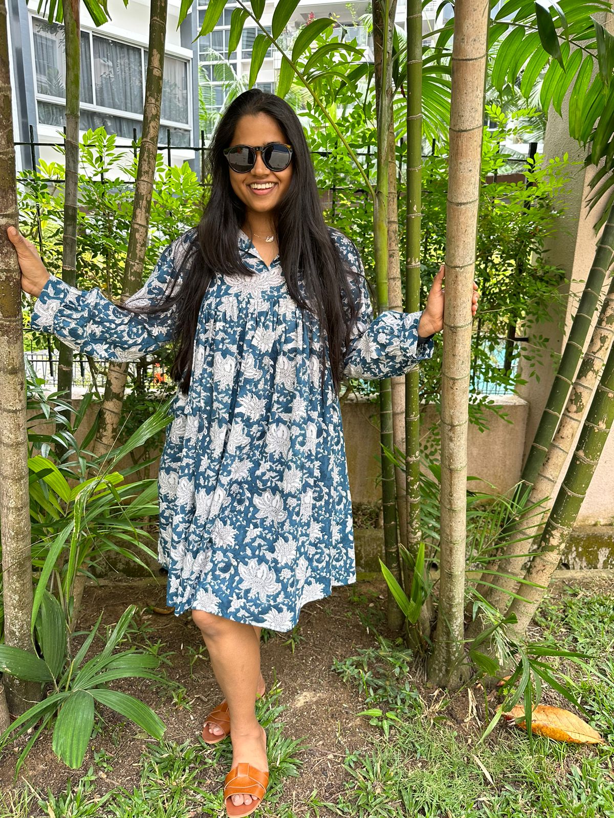 Handmade and affordable pure Cotton Dress in Blue and Black for women, Shop now in Singapore