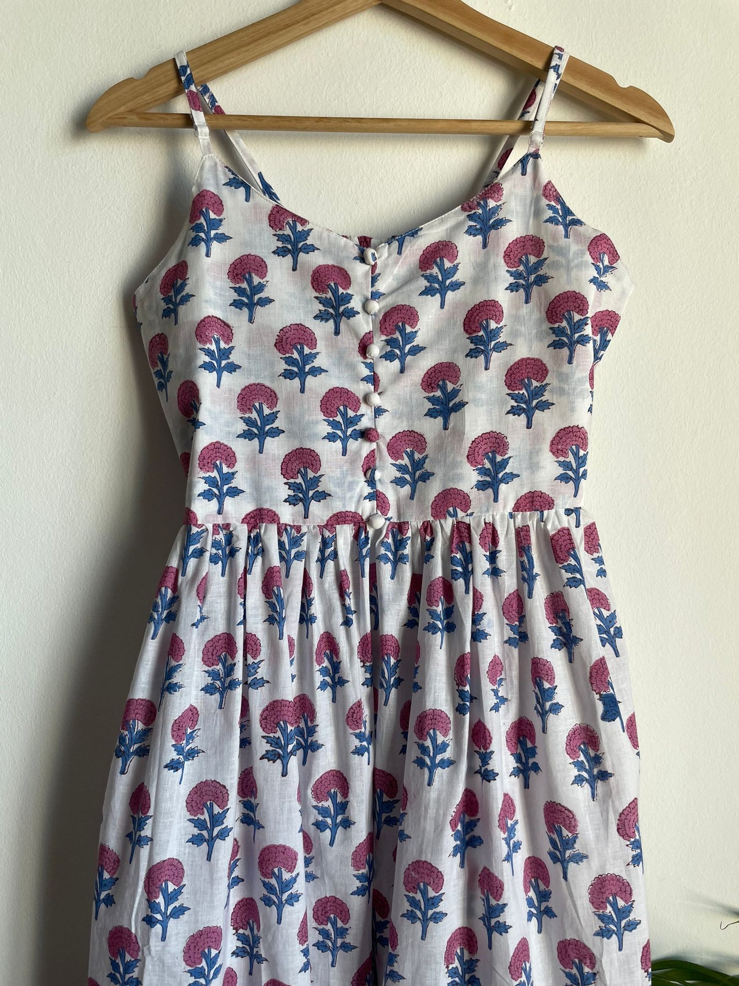 handmade maxi dress with noodle strap for women. Blockprinted dresses made with hand
