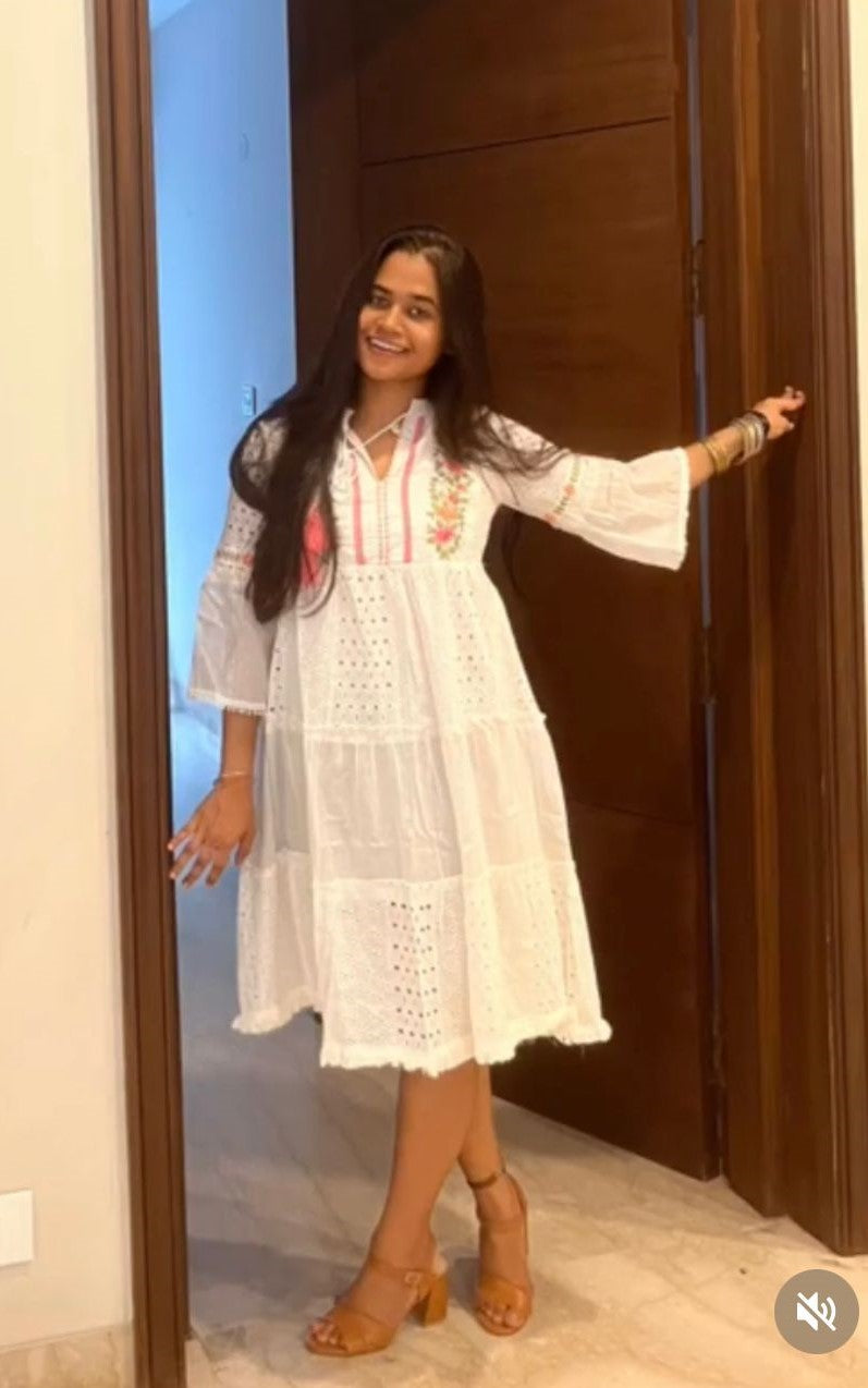 Handmade and affordable pure Cotton Dress in White and Peach for women, buy now in Singapore