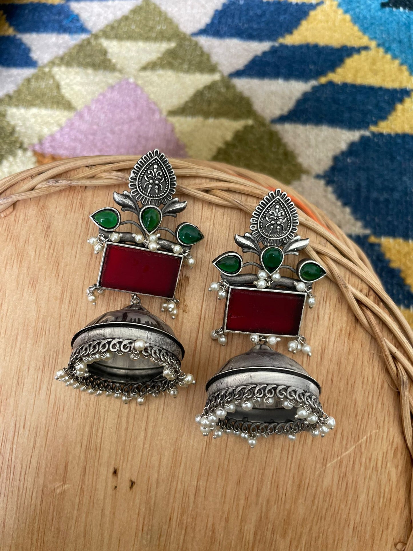 high quality jhumka earring for women in red and green, shop now in Singapore
