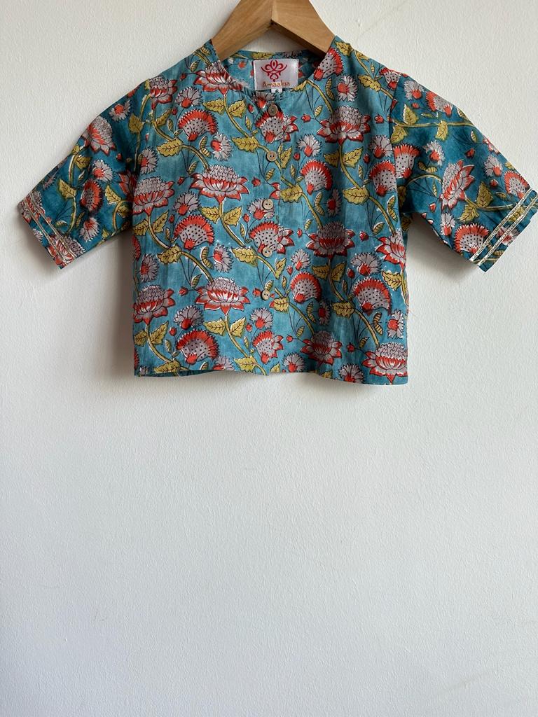 Indian traditional festive Ethnic pure Cotton Kidswear in Blue and Yellow for girls , Shop now in Singapore