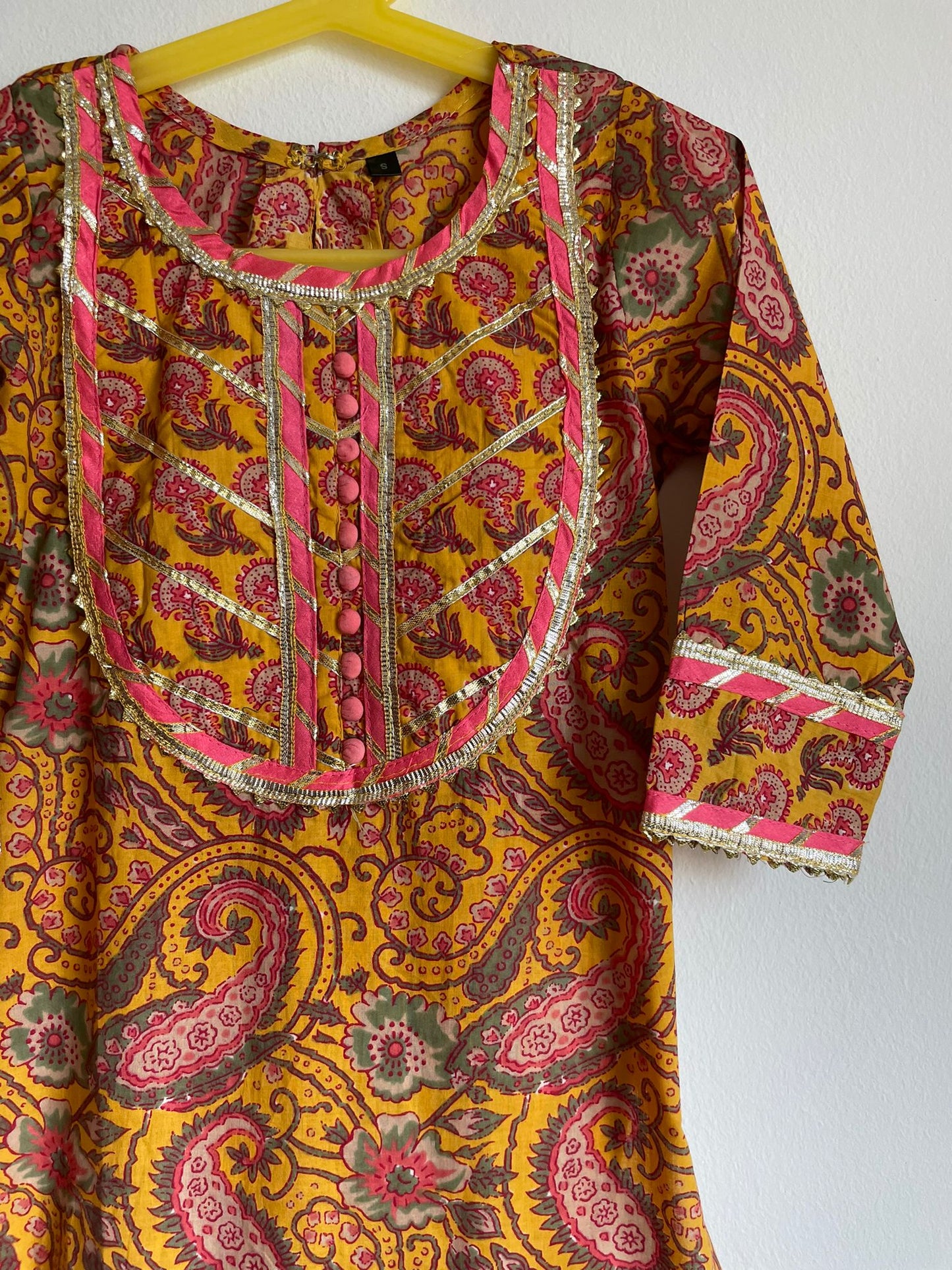 Girls Suit with Mask - Yellow, pink and green block print
