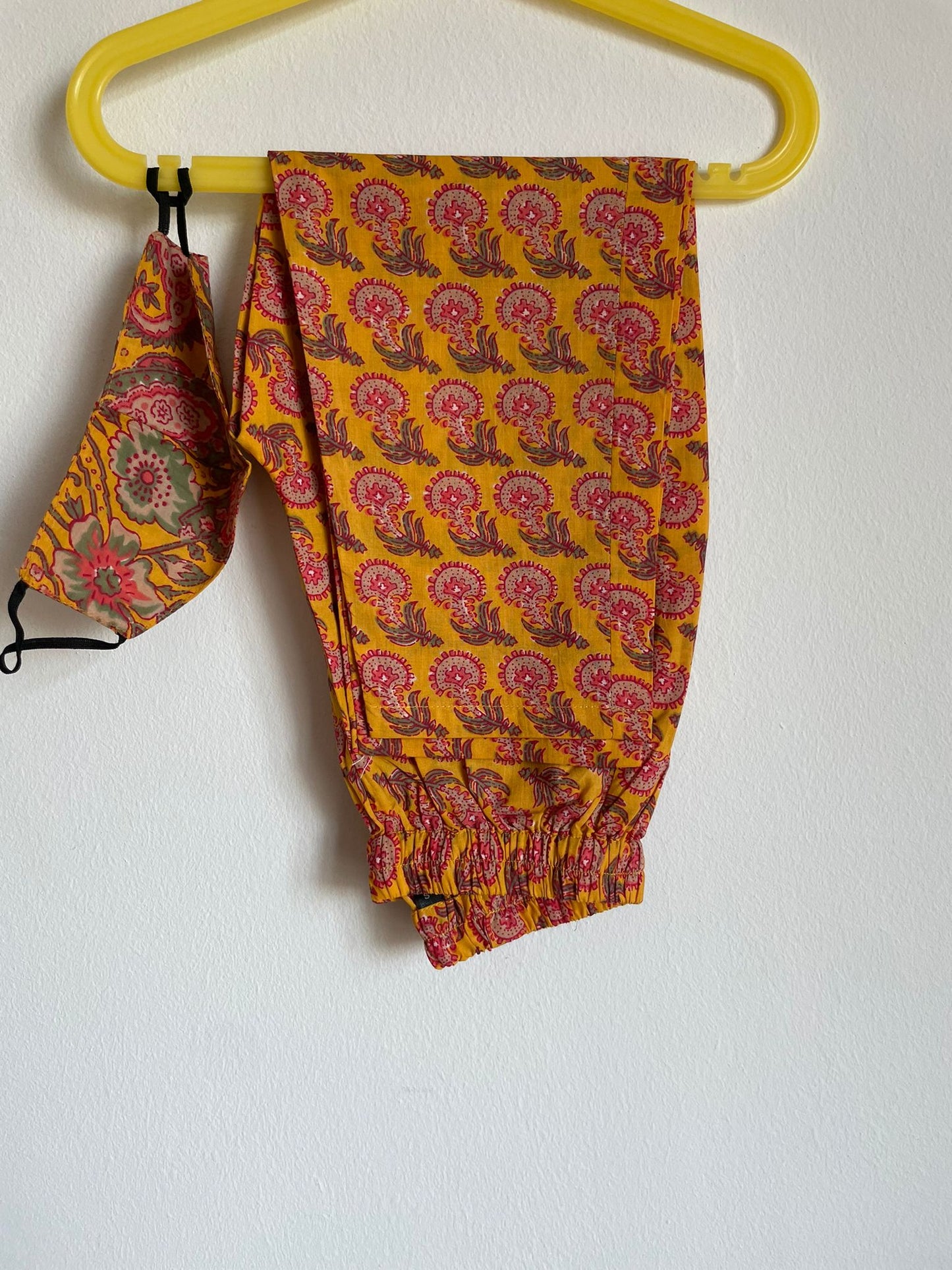 Girls Suit with Mask - Yellow, pink and green block print