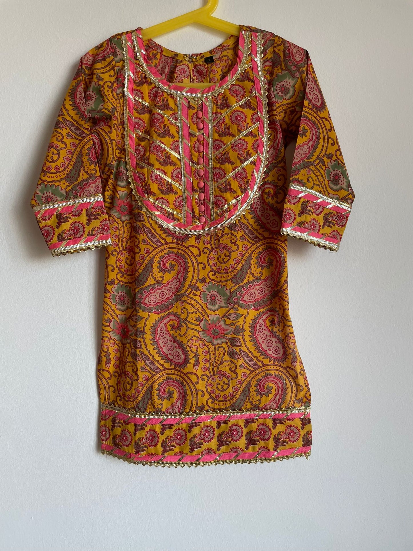 Girls Suit with Mask - Yellow, pink and green block print