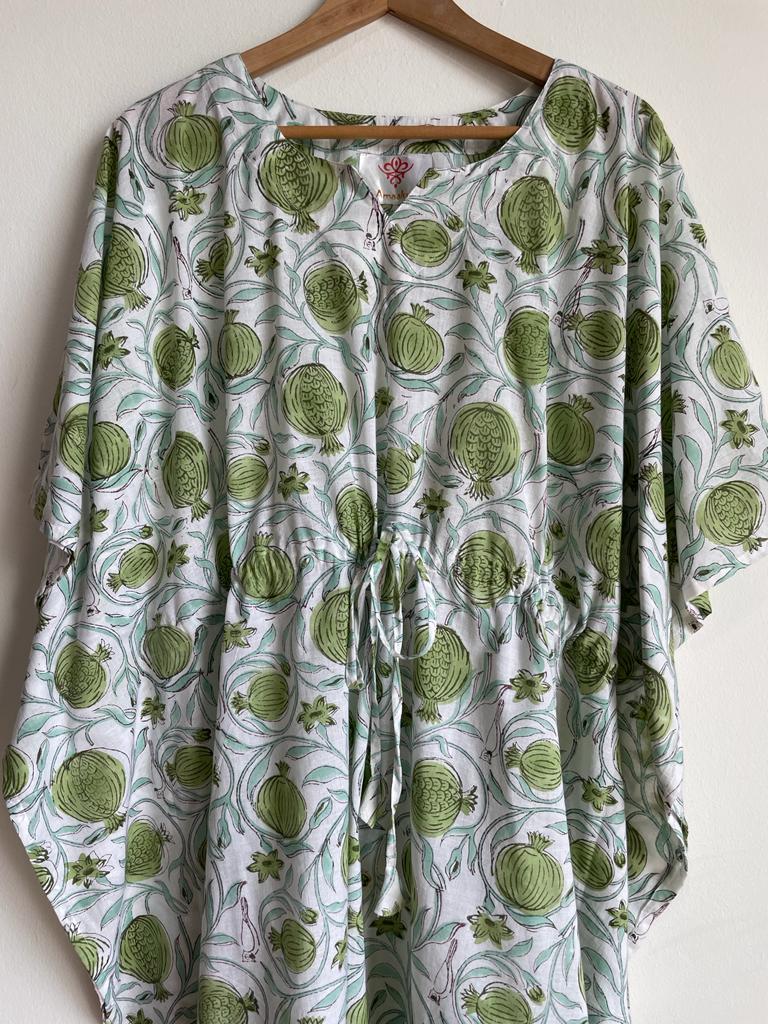 Handmade and affordable white and green short cotton Kaftan/ kimono for women