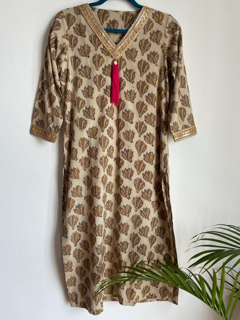 Cotton Kurta with Mask - Brown