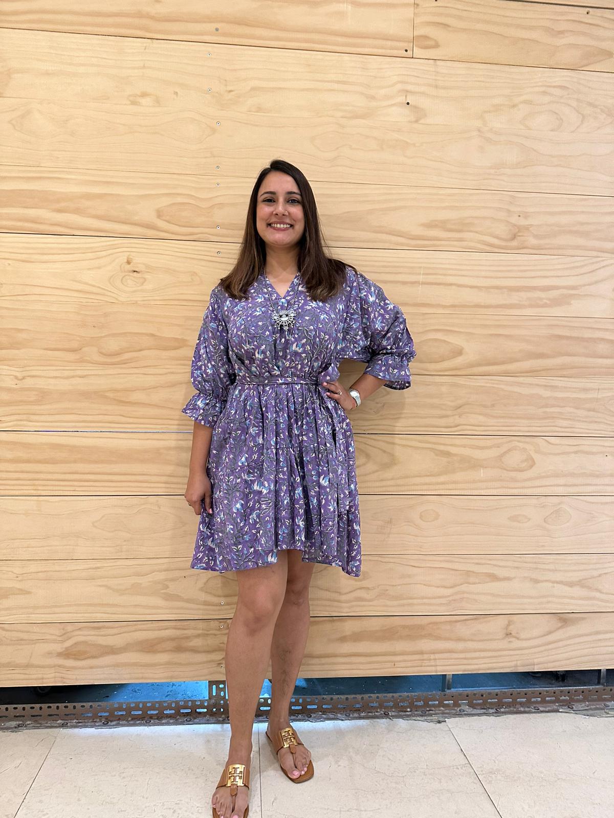 Handmade and affordable pure Cotton Midi Dress in Purple and Green for women, Shop now in Singapore