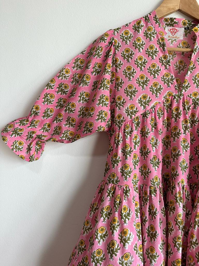 High-quality and comfortable Pure Cotton Midi Dress in Light Pink and Yellow for women, Shop now in Singapore