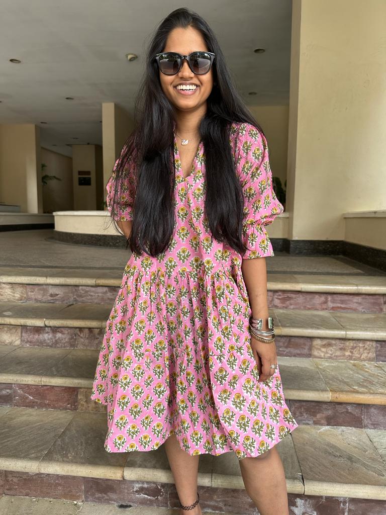 Puffed Sleeve Midi Dress - Ocius Pink