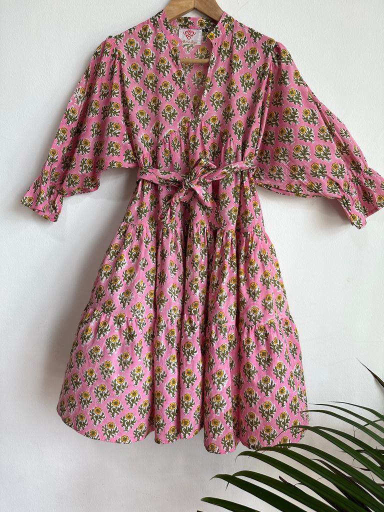 Handmade and affordable pure Cotton Midi Dress in Light Pink and Yellow for women, buy now in Singapore