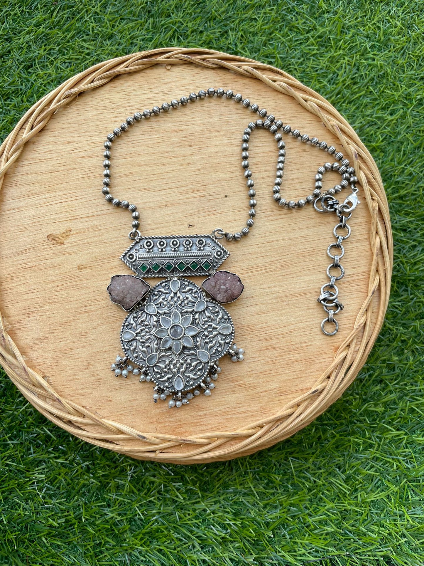 Indian traditional festive Ethnic pure metal Necklace in Silver with blue stones for women, buy now in Singapore