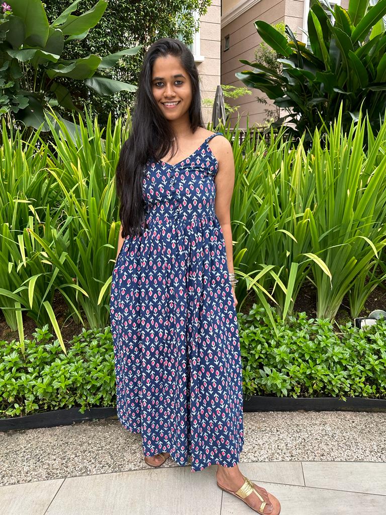 Handmade and affordable pure Cotton Noodle Strap Dress in Blue and Grey for women, buy now in Singapore