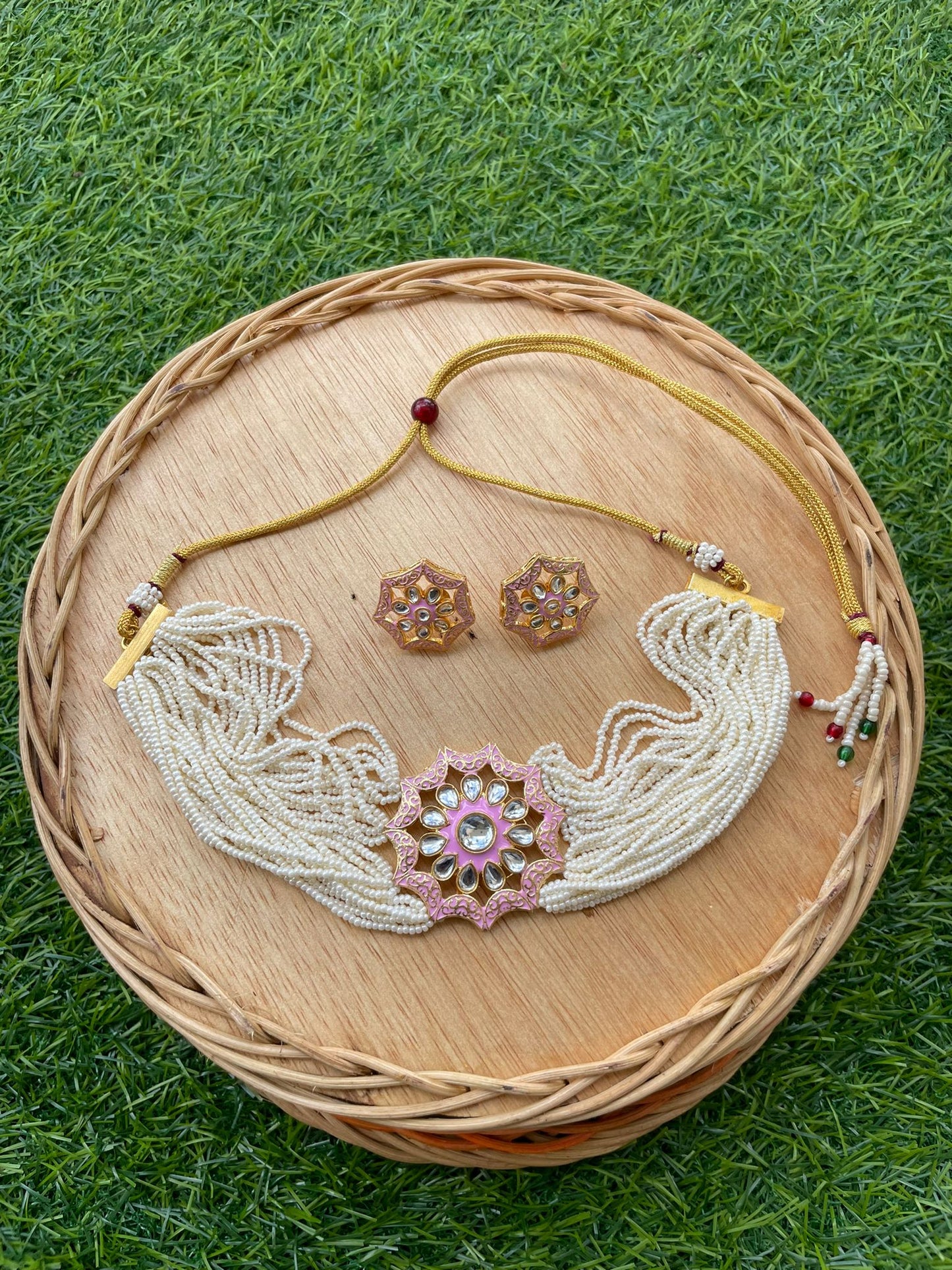 light pink choker for women, comes with earrings. handmade