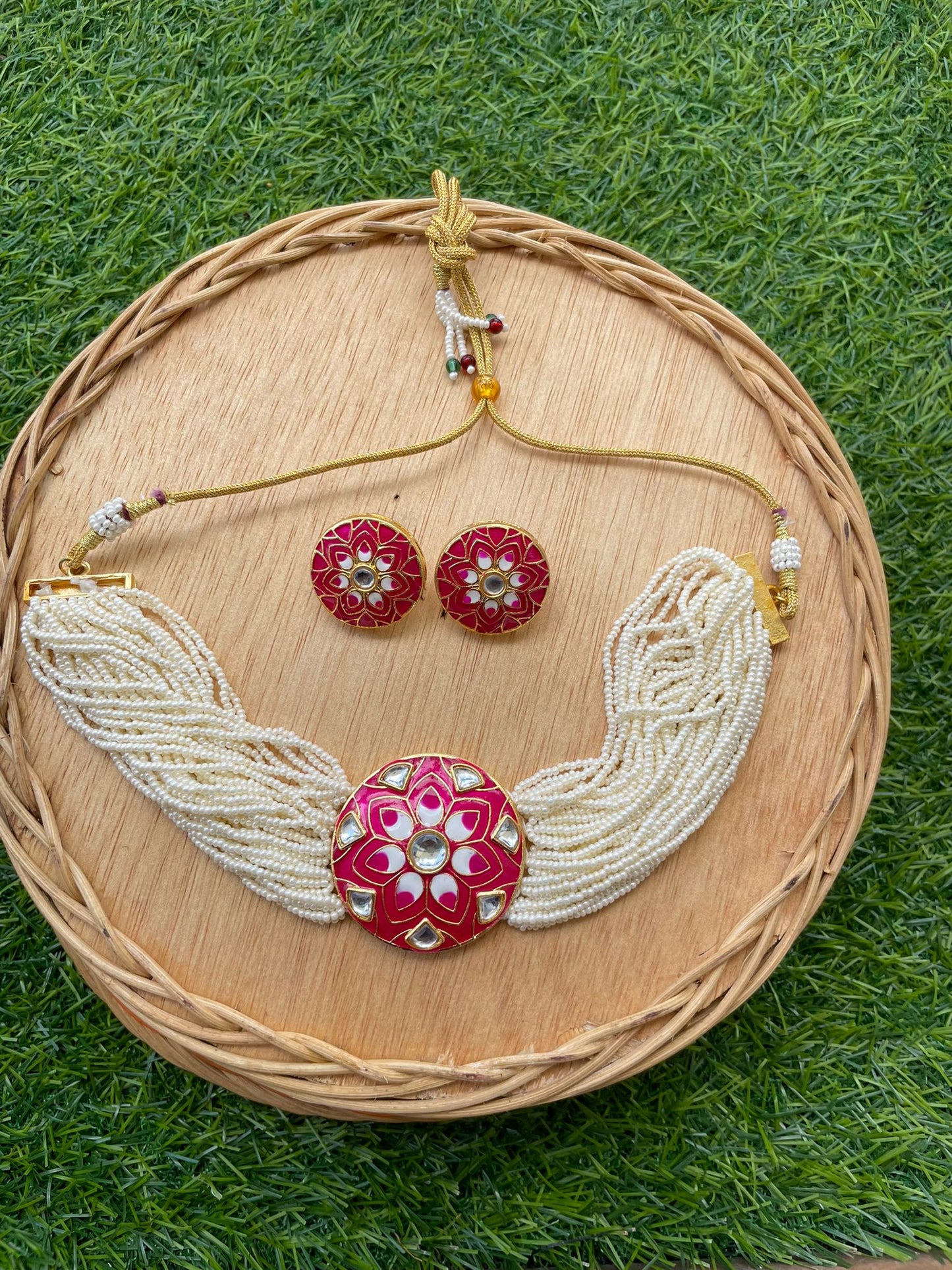 handmade choker set for women with red metal structure tied to white pearls