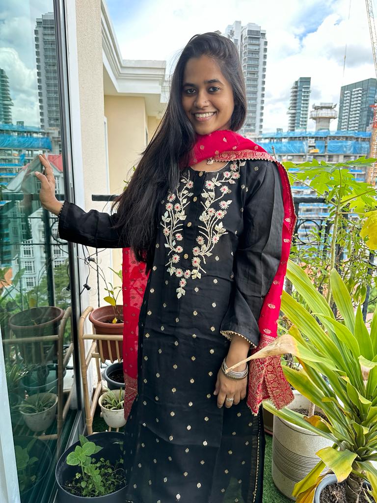 Indian Traditional Ethnic Wear pure Silk Stitched Suits in Black and Pink for women, buy now in Singapore