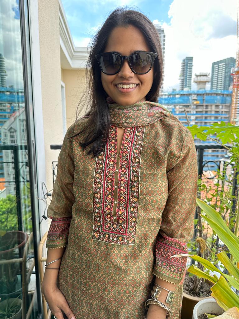 Handmade and affordable Stitched Suits in Green and Grey for women, Shop now in Singapore