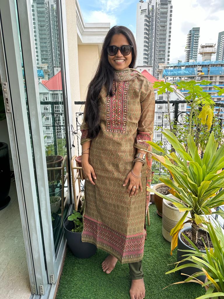 Indian Traditional Ethnic Wear pure Cotton Stitched Suits in Green and Grey for women, buy now in Singapore