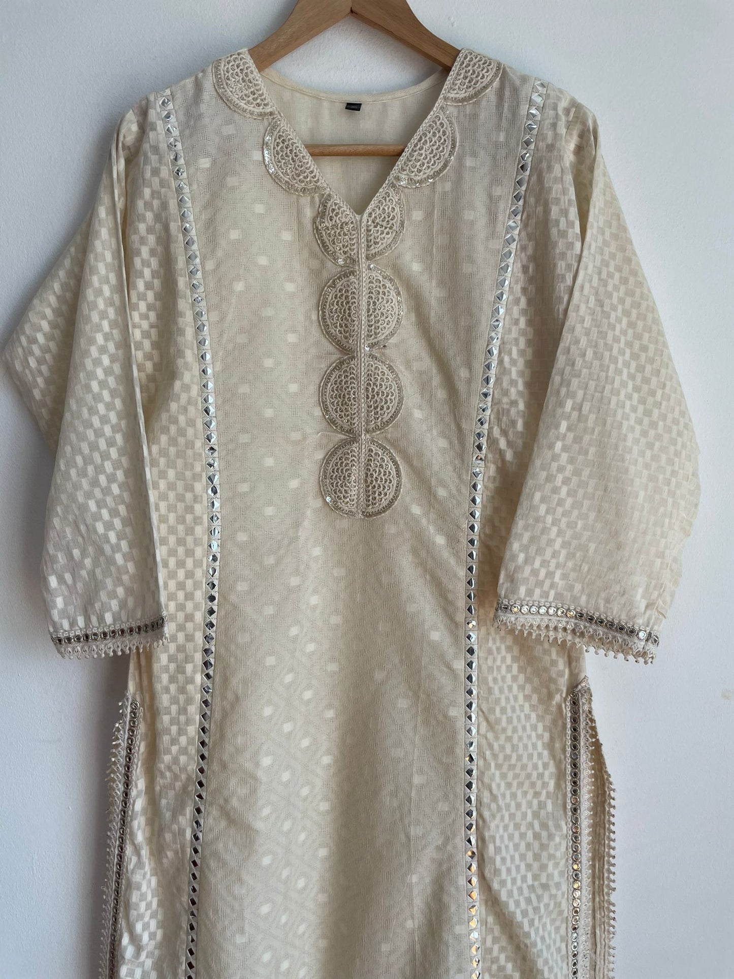 Handmade and affordable Pure Cotton Stitched Suits in Off-White and Silver for women, buy now in Singapore