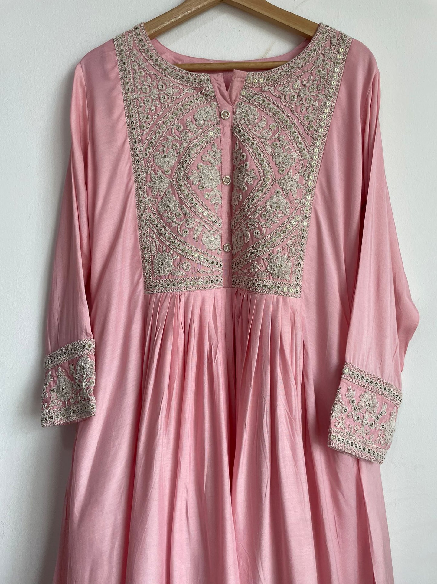 Handmade and affordable Pure Silk Stitched Suits in Light Pink and Silver for women, shop now in Singapore