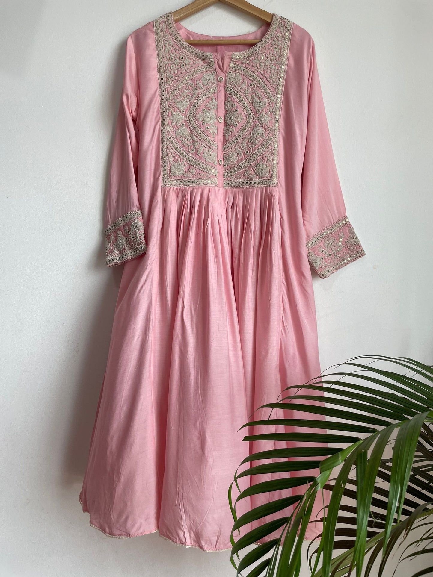 Handmade and affordable Pure Silk Stitched Suits in Light Pink and Silver for women, buy now in Singapore\