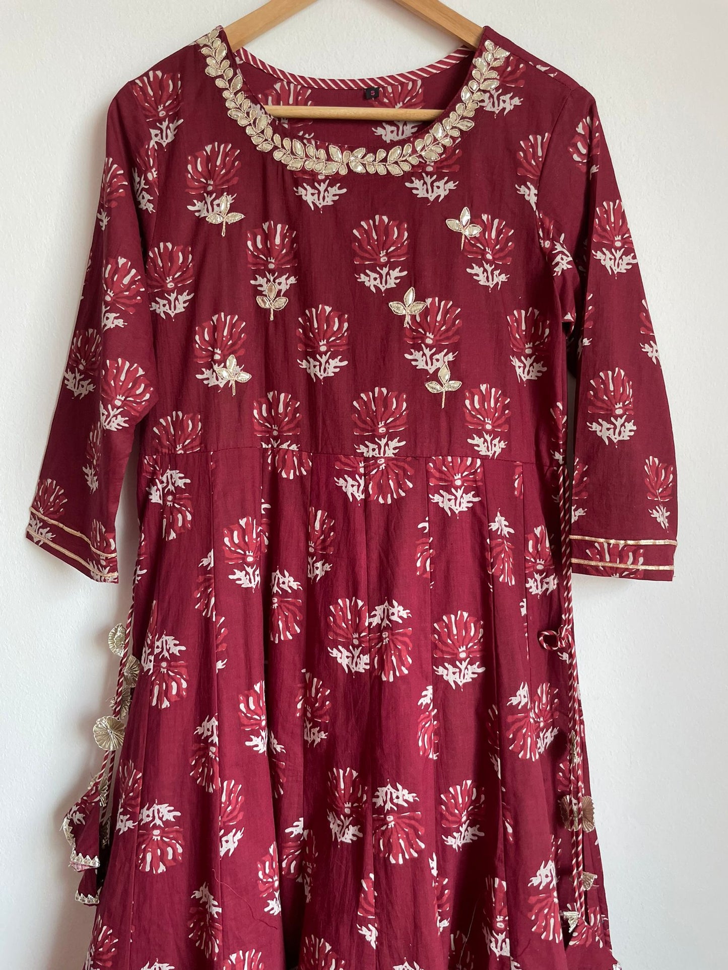 gold embroidery near neck red suit for women, handmade