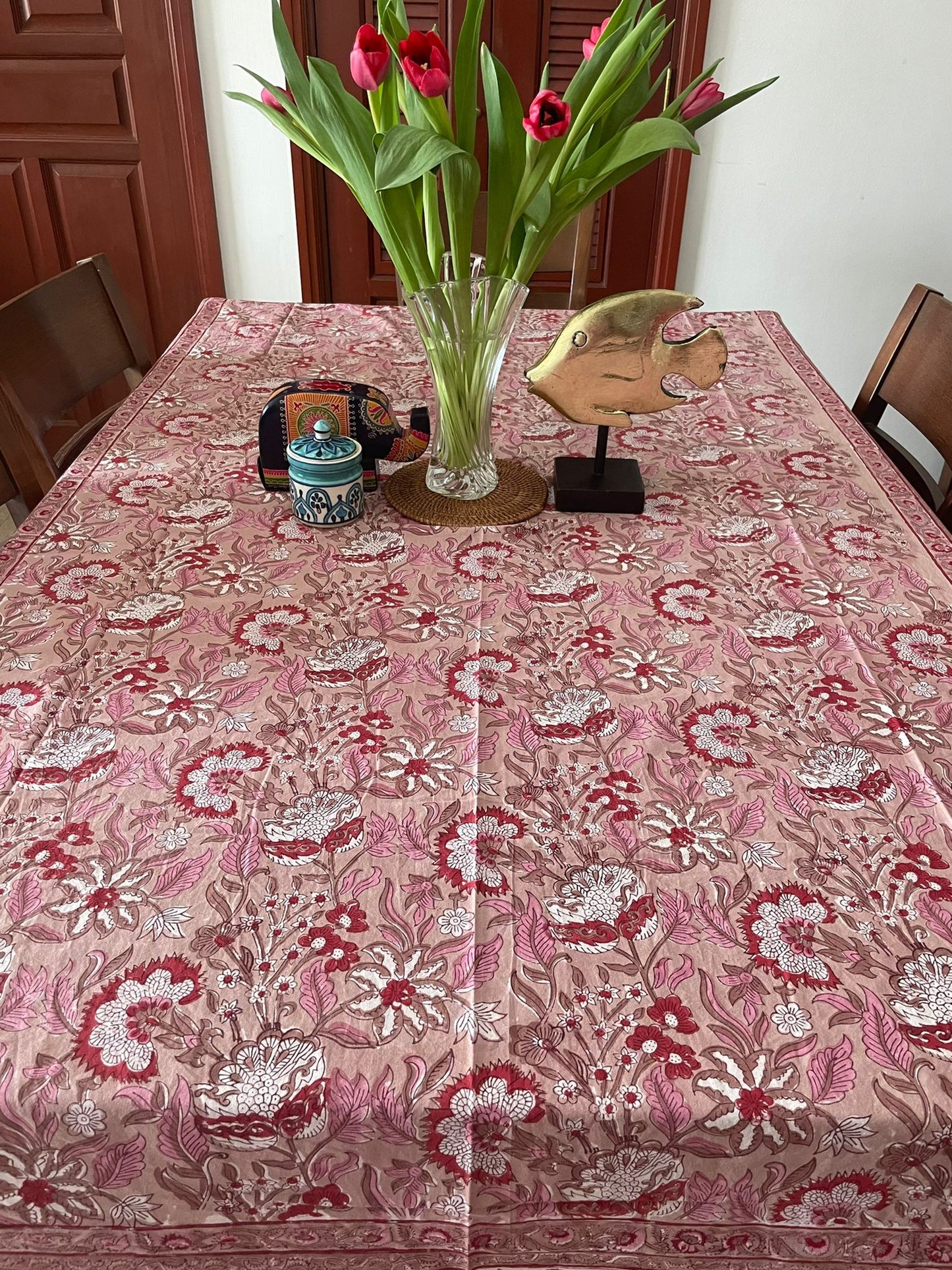 handmade and affordable high quality 6 seater dining cover in pink and brown, shop now in Singapore