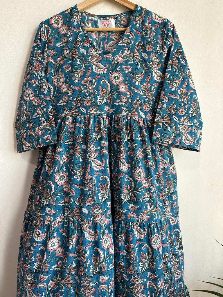 High-quality and comfortable Pure Cotton Tiered Maxi Dress in Blue and Light brown for women, buy now in Singapore