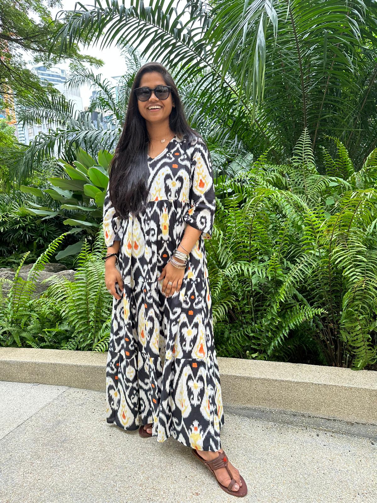 Handmade and affordable pure Cotton Tiered Maxi Dress in Black and White for women, Singapore