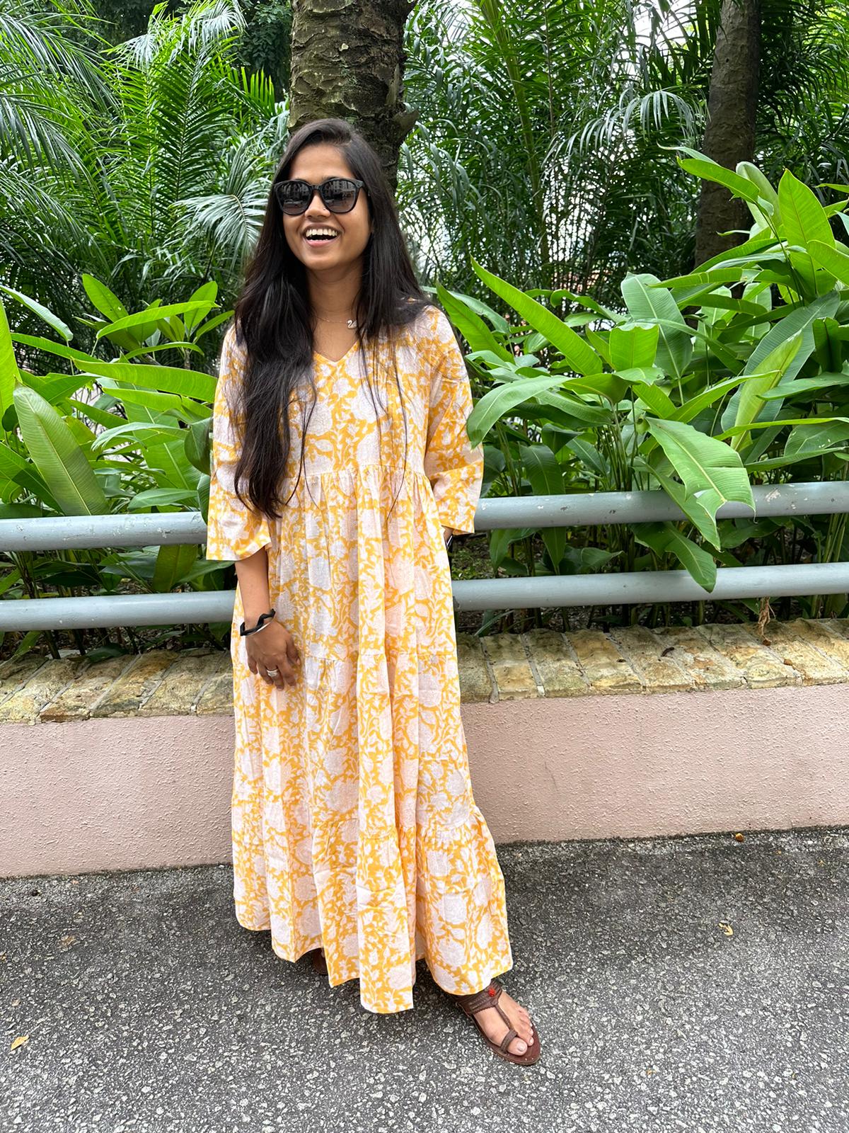 Handmade and affordable pure Cotton Tiered Maxi Dress in Yellow and White for women, Shop now in Singapore
