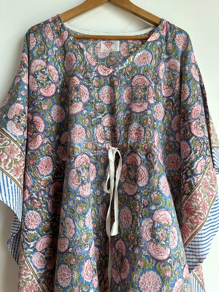 Handmade and beautiful Pure Cotton Beach Kaftan in Blue and Light Pink for women, buy now in Singapore
