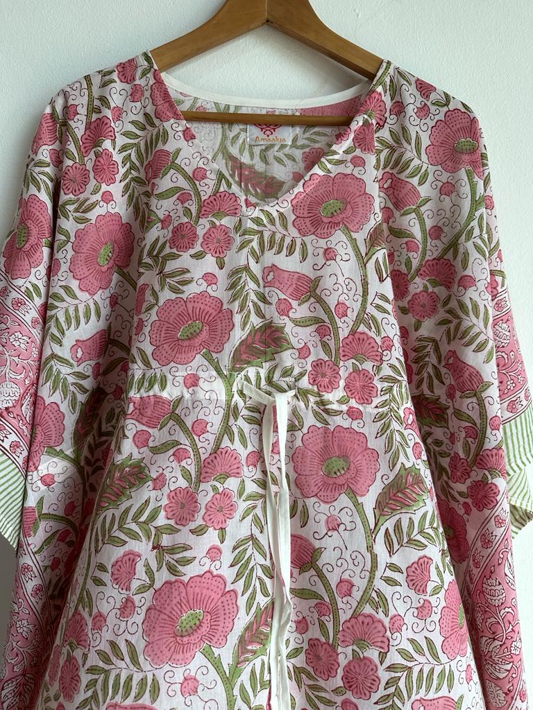 Handmade and beautiful Pure Cotton Beach Kaftan in Light Pink and Green for women, buy now in Singapore