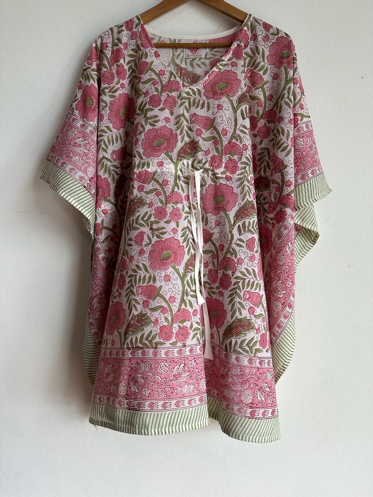 High- quality and affordable pure Cotton Beach Kaftan in Light Pink and Green for women, buy now in Singapore