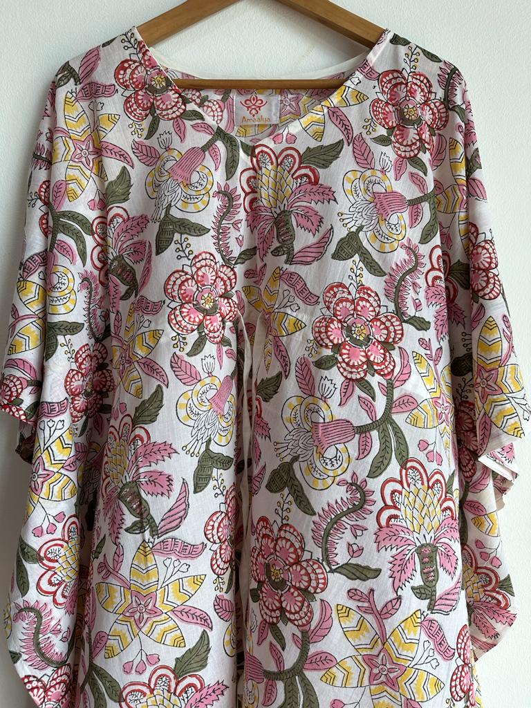 Handmade and beautiful Pure Cotton Beach Kaftan in Light Pink and Yellow for women, buy now in Singapore