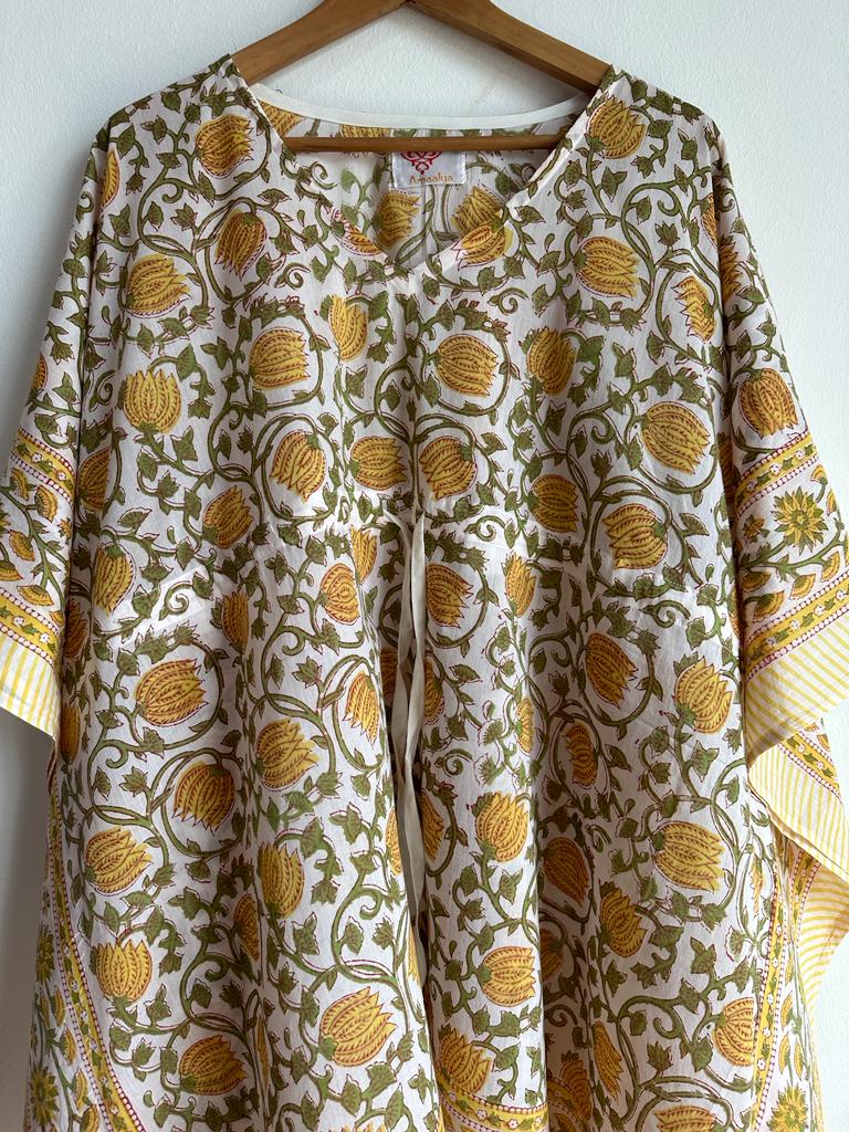 Handmade and beautiful Pure Cotton Beach Kaftan in Yellow and Green for women, buy now in Singapore