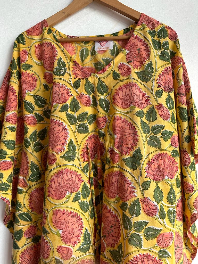 Handmade and beautiful Pure Cotton Long Kaftan in Mustard and Yellow for women, buy now in Singapore