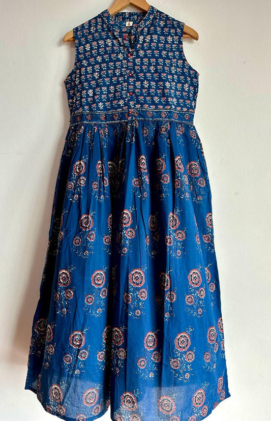 Handmade and affordable pure Cotton Sleeveless Dress in Blue and Brown for women, buy now in Singapore