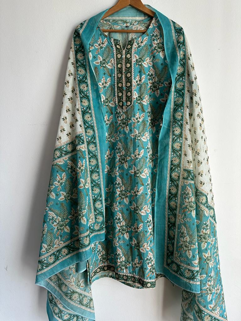 Indian Traditional Ethnic Wear pure Cotton Stitched Suits in Light Blue and Brown for women, buy now in Singapore