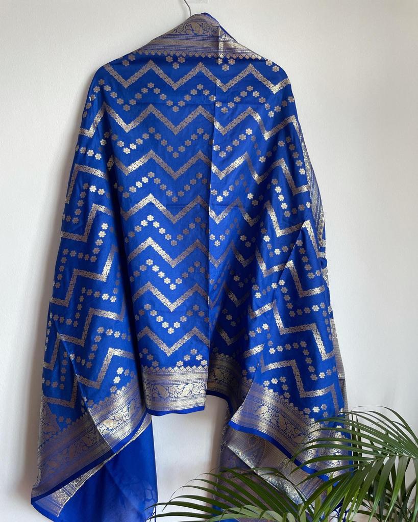 blue and silver colored beautiful silk dupatta for women in Singapore