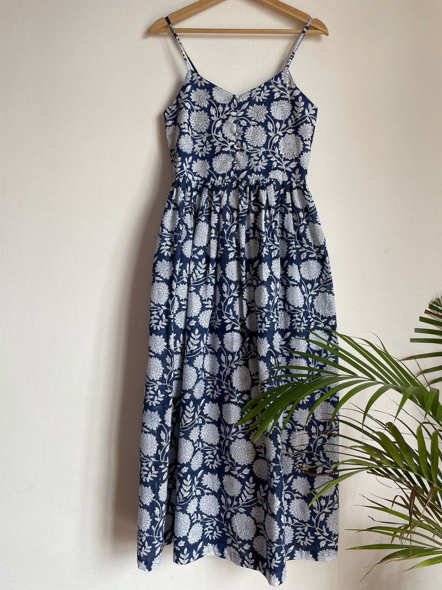 Blue maxi dress with noodle strap for women. Handmade in India