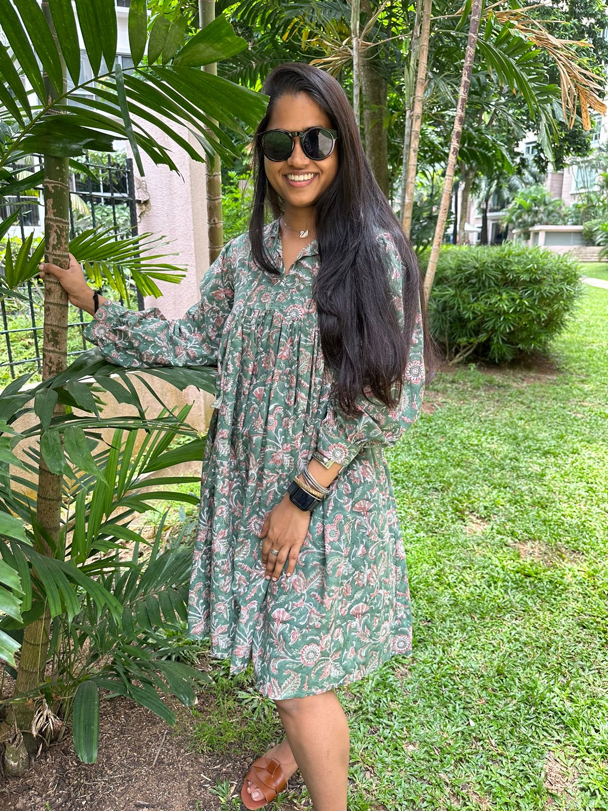 Handmade and affordable pure Cotton Dress in Green and Light Green for women, Shop now in Singapore