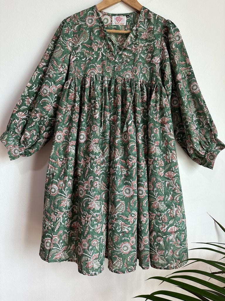 Handmade and affordable pure Cotton Dress in Green and Light Green for women, buy now in Singapore
