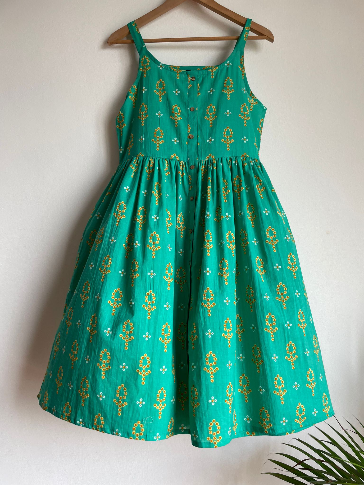handmade casual green dress with noodle strap for women, buy now in singapore