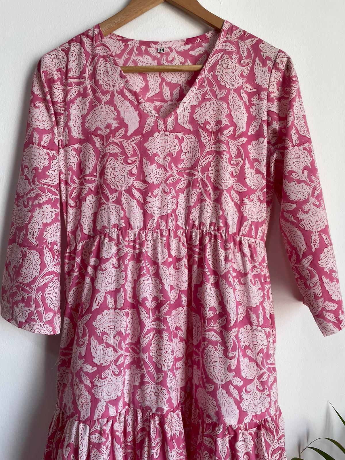 Pink long dress for woman, with long sleeves. made from high quality cotton