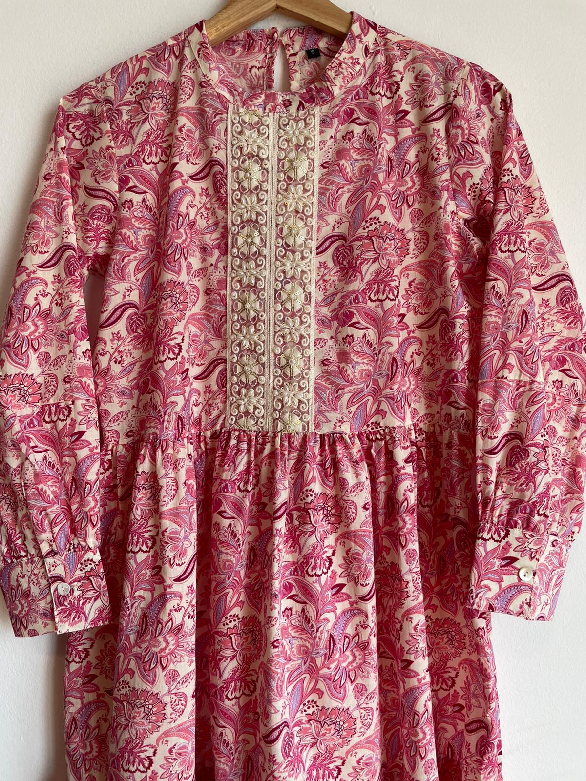 handmade block printed pink and white dress for women in singapore