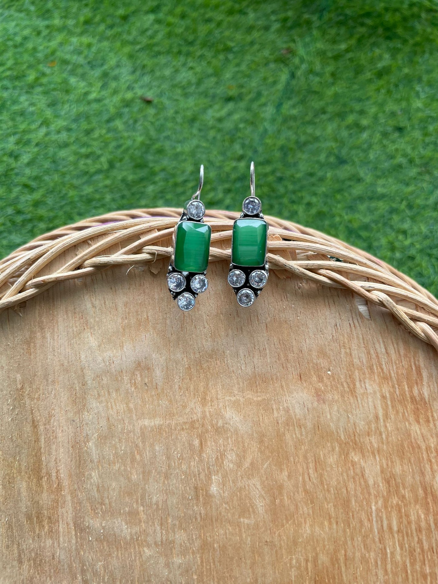 Green stone in metal structure earrings new design